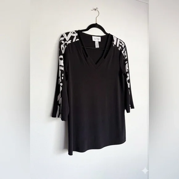 Joseph Ribkoff Canada Black V-Neck Cutout Stretch Top  Abstract Sleeve Size 4 - Picture 2 of 6